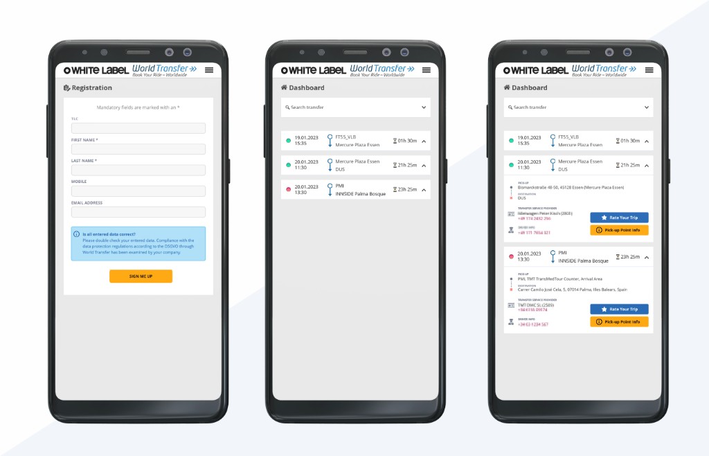 Mobile app views for transfer travellers